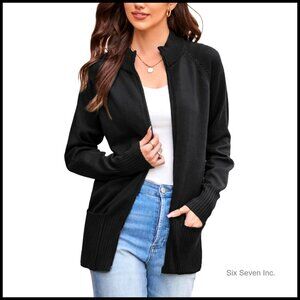 Long Sleeve Zip Up Knit Cardigan with Pockets Stand Collar Chic Fall Sweater